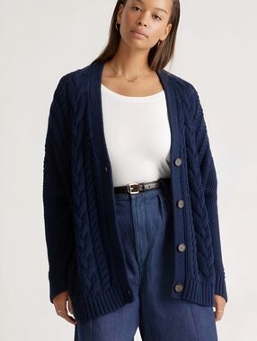 Quince Organic Cotton Chunky Cable Knit Cardigan Sweater, M